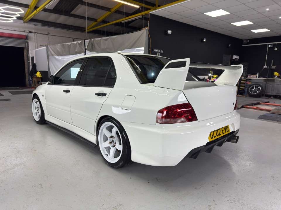 Rear view of Ceri's white Evo